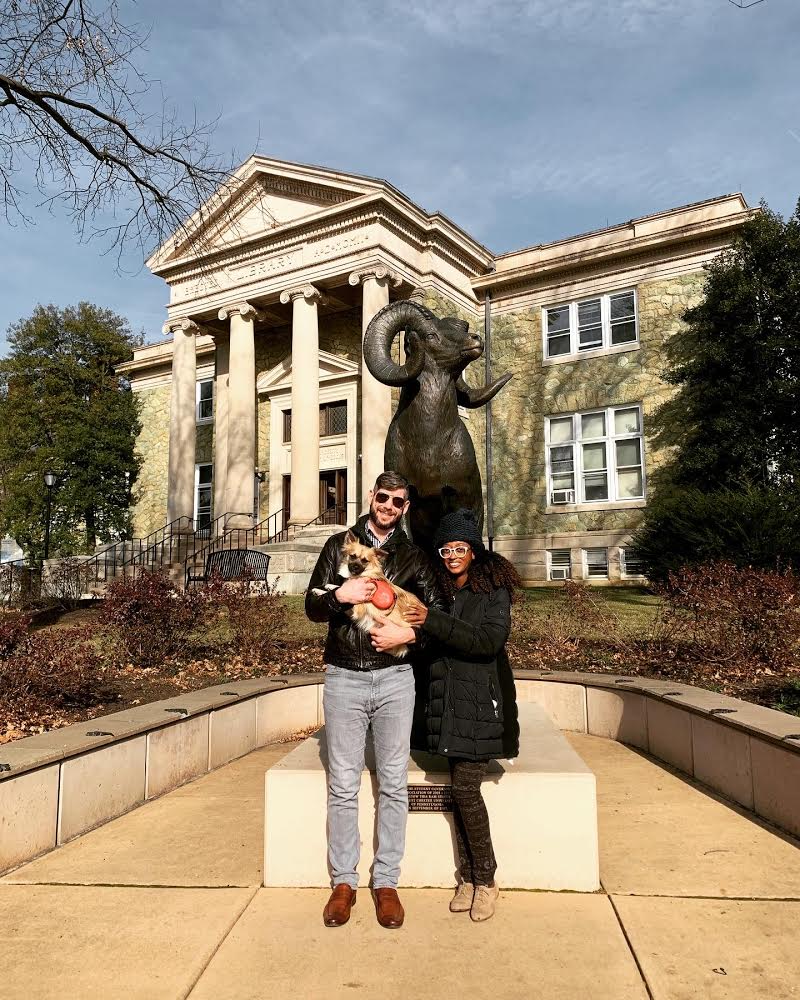 Raele, her boyfriend (Devin), and their dog (Fred) during a visit to Raele's undergraduate college alma mater, West Chester University