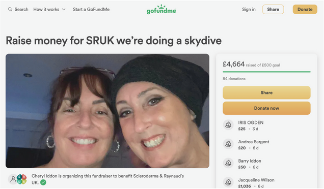 Cheryl will be skydiving with her best friend to raise money in aid of Scleroderma & Raynaud's UK and every donation will help. Donate at https://gofund.me/6d7692f1